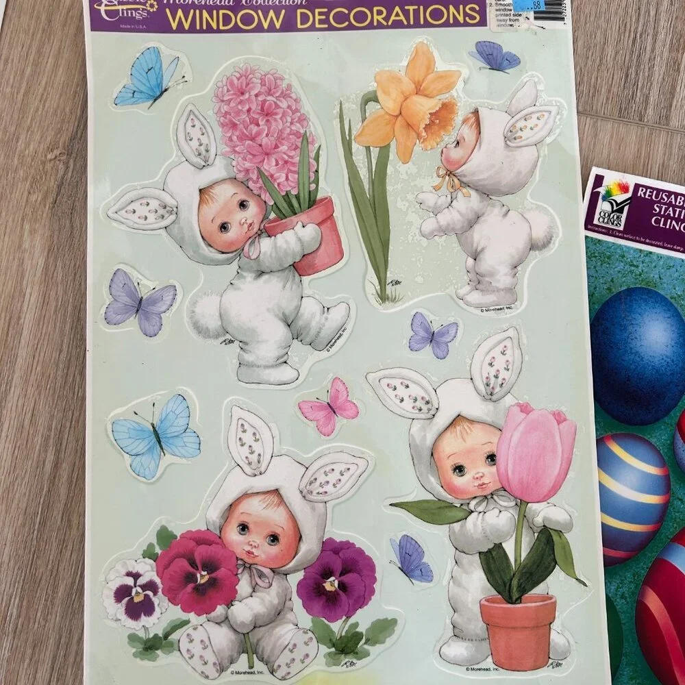 Vintage Easter Window Clings Lot of 7 Sheets Spring Vinyl Sticker